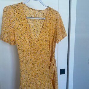 Yellow floral wrap dress